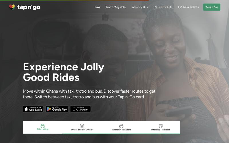The Tapn'go website, for booking taxi, trotro and bus rides in Ghana